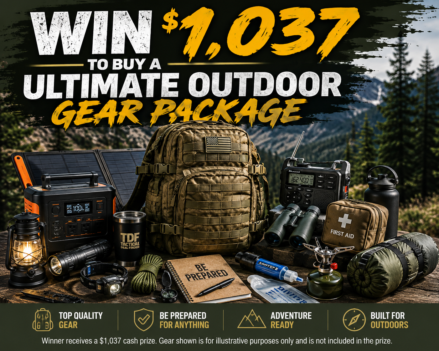 Illustrative outdoor gear package for the $1,037 Ultimate Outdoor Gear Sweepstakes