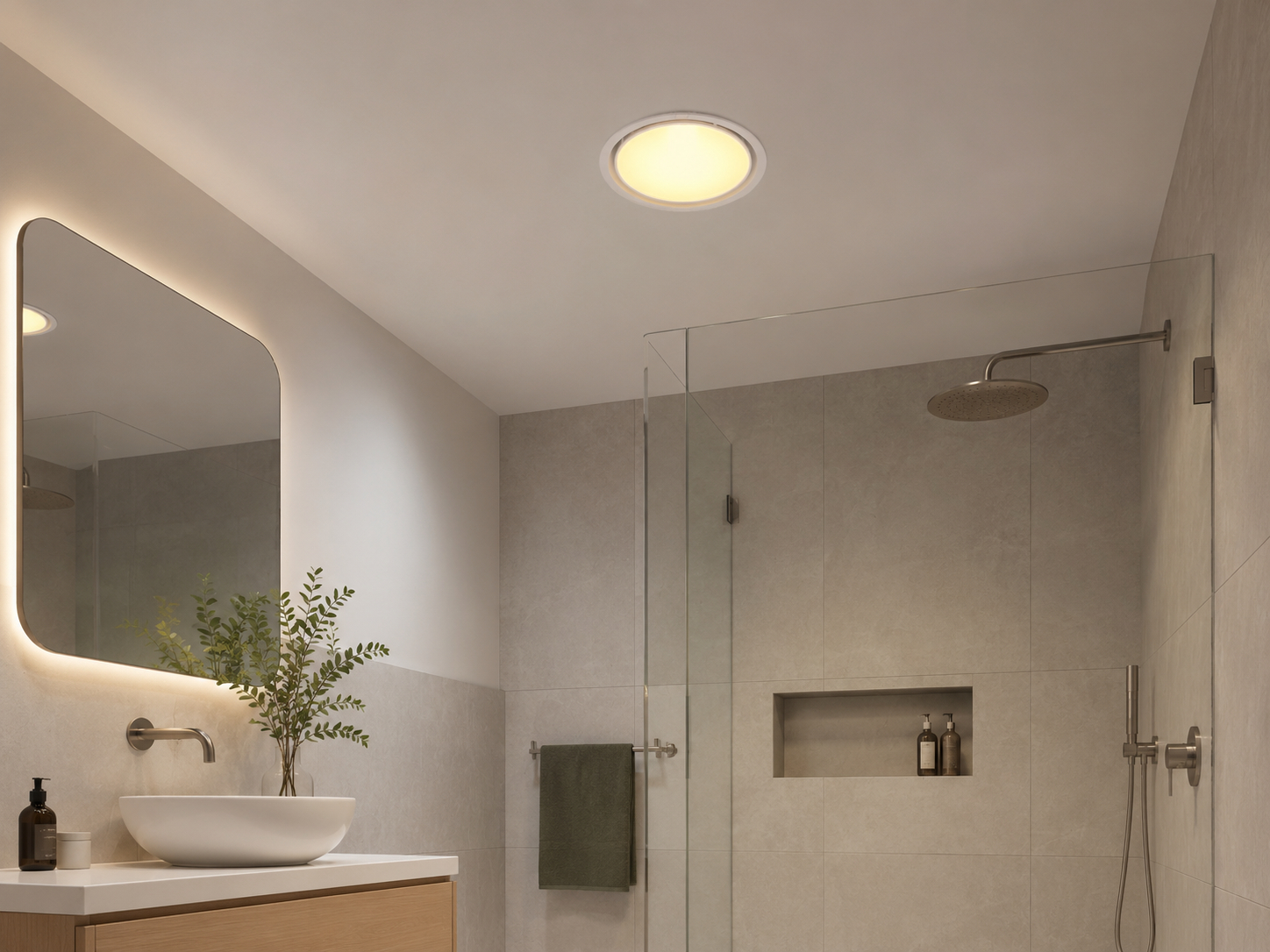 Infraglow heat lamp in a modern stone bathroom