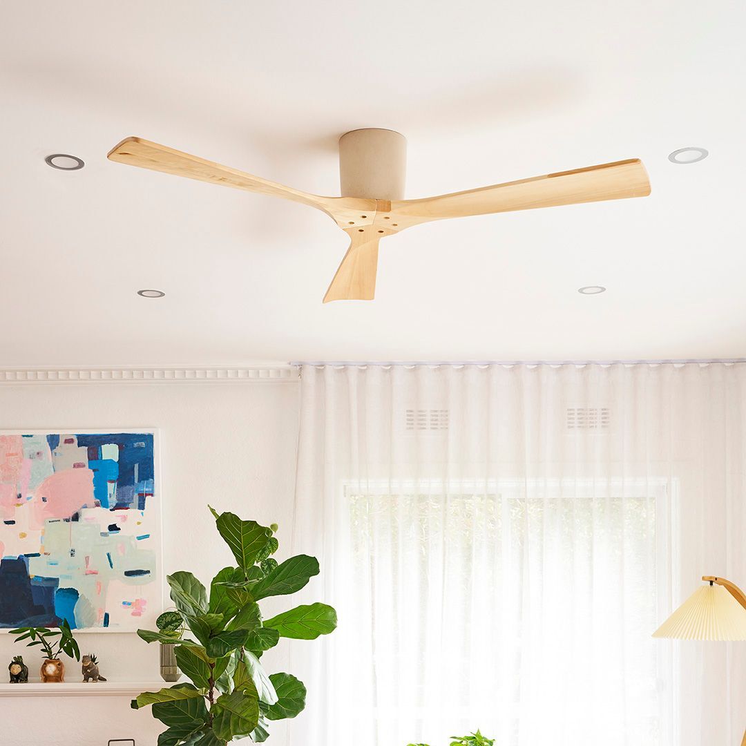Timber blade ceiling fan in a bright living room