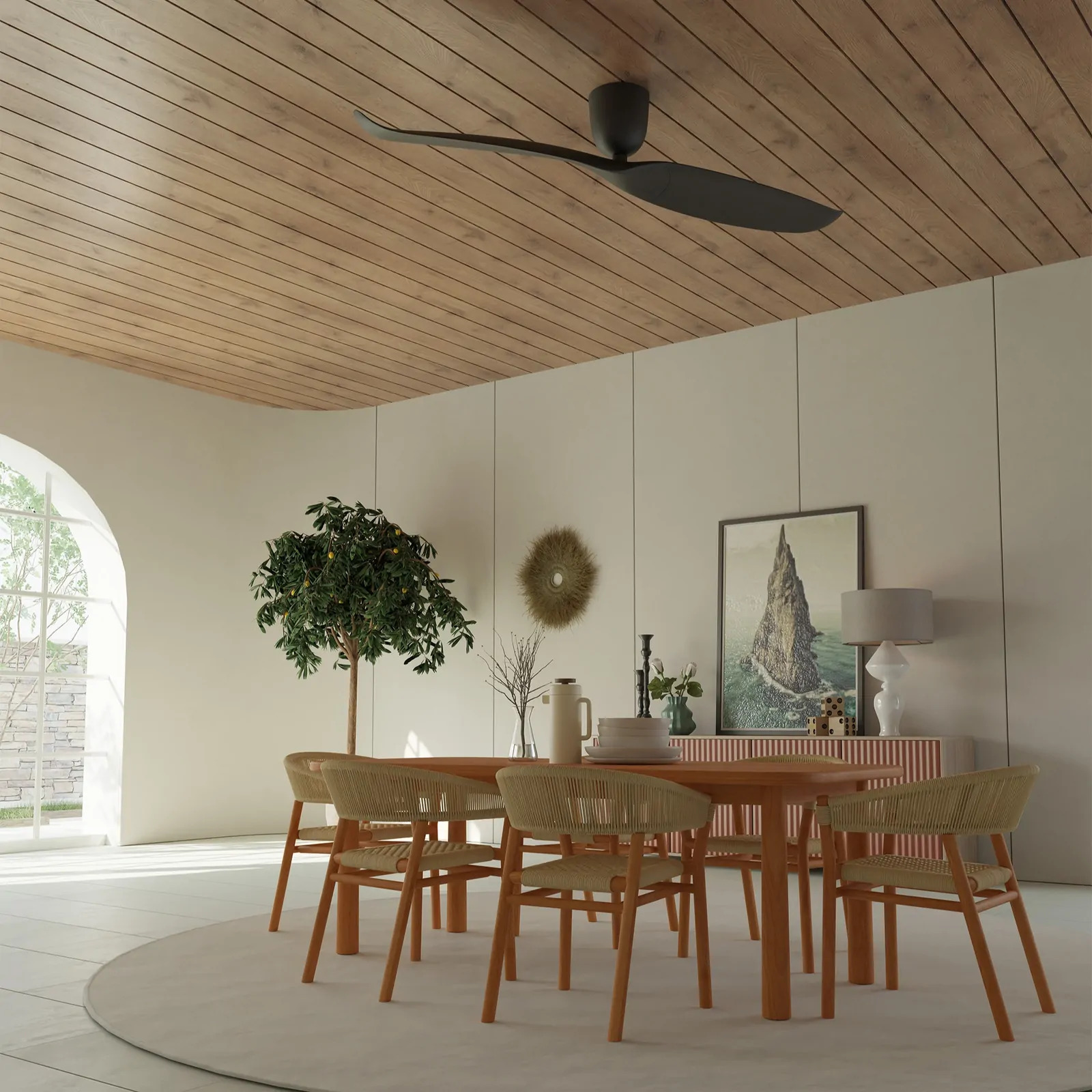 Slim minimalist DC ceiling fan in a modern living room