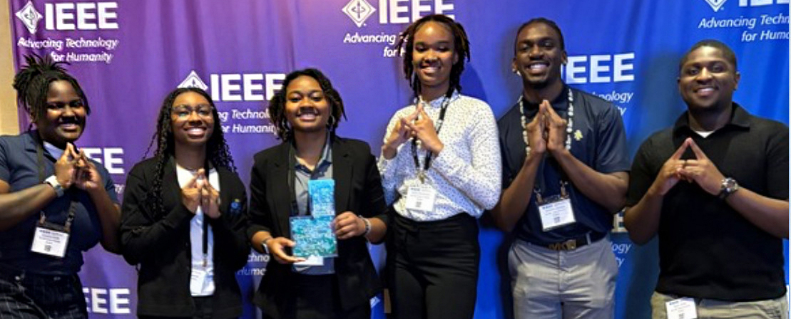 N.C. A&T students posing after winning two competitions at the Institute of Electrical and Electronics Engineers (IEEE) SoutheastCon 2025