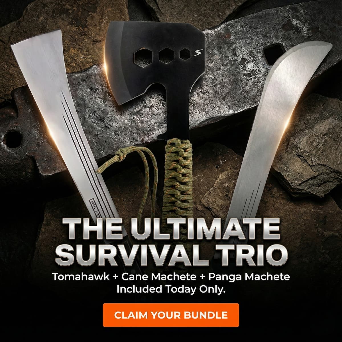 Tomahawk, Cane Machete and Panga Machete Bundle