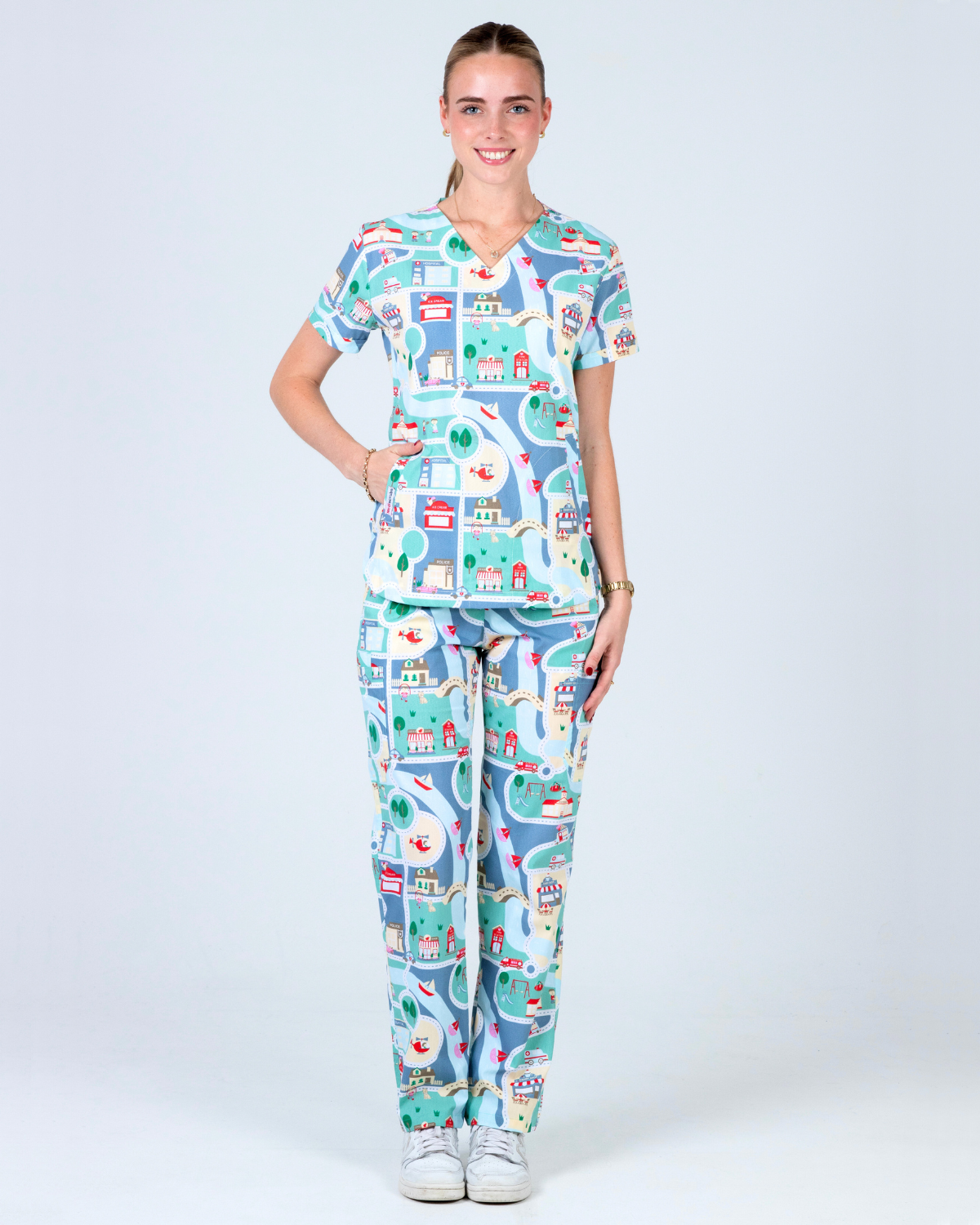 ALL ROADS LEAD TO HAPPINESS Print Scrub Top