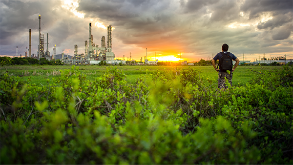 Man in a green field looking at a manufacturing facility